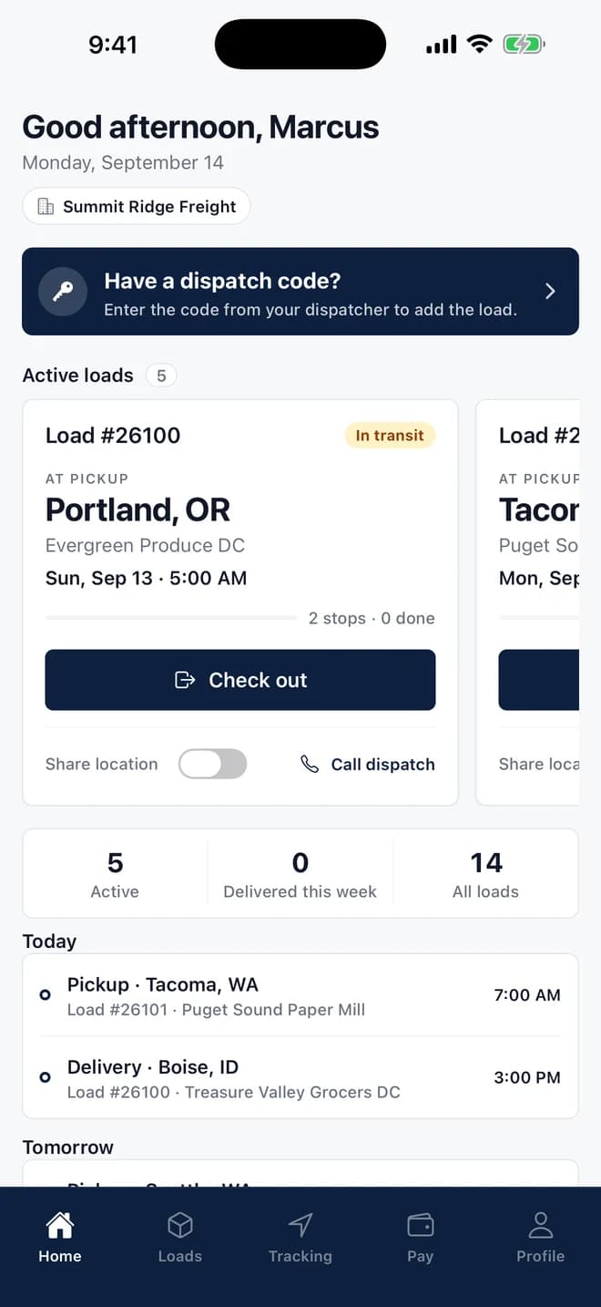 FleetTMS driver app home screen: active loads, check-in, share location, today's schedule